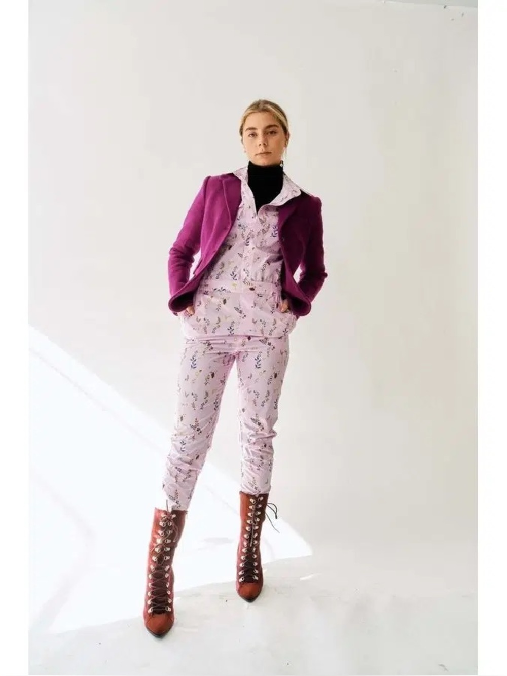 Cynthia Rowley Harley Jumpsuit Size XS Pink Cotton Lilac Floral Pearl Snaps - Picture 2 of 7
